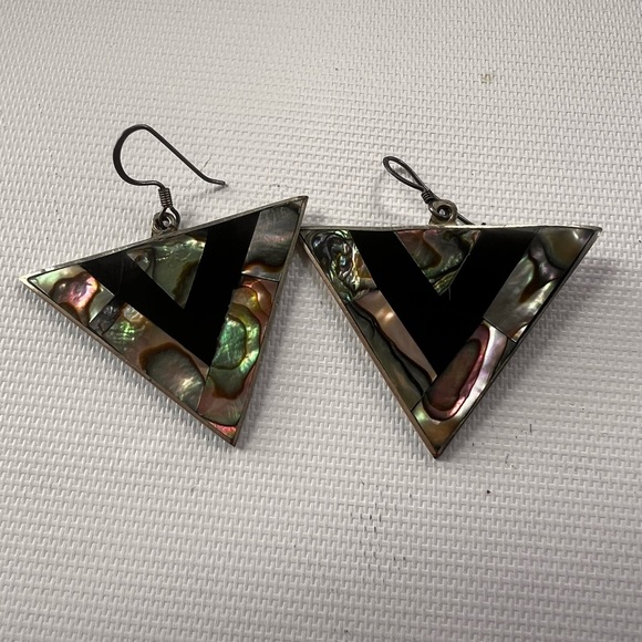 Vintage Alpaca Silver, Abalone & Mother of Pearl Night Sky Celestial Earrings - Picture 3 of 6